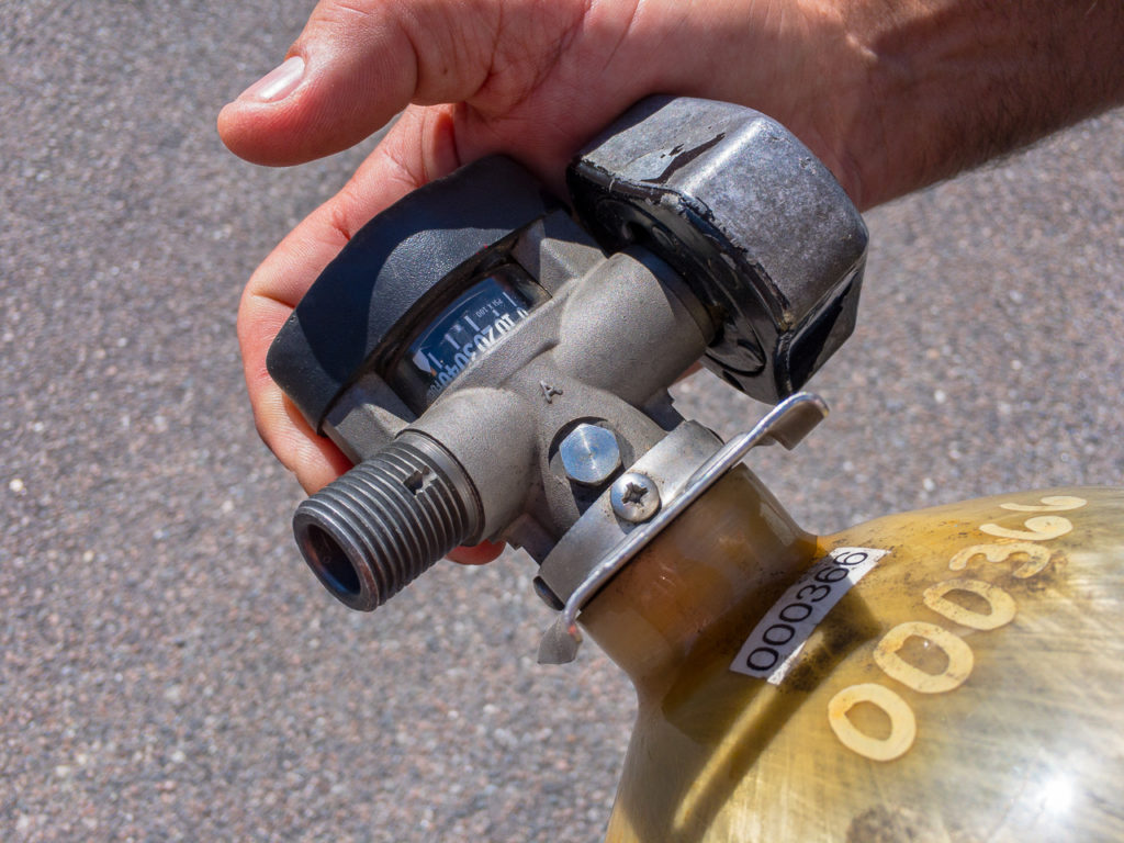 While similar in appearance, made of carbon fiber, and built to handle 4,500 psi, fire and rescue SCBA tanks use a different valve that has a male SCBA connector.