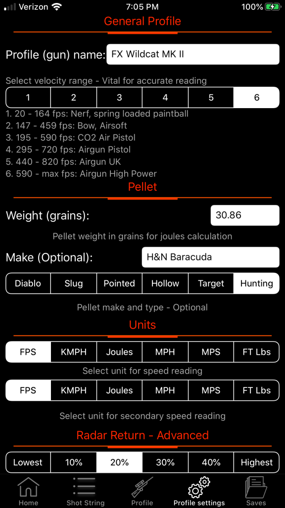 The profile setup screen allows you to record specific airgun and ammo combinations for future reference. 