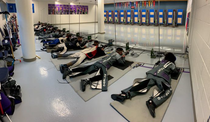 Granbury High School MCJROTC cadets fire at their range in Texas. Granbury fielded three precision teams for the Virtual Championship.