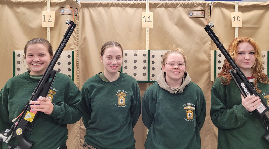 The girls from Nation Ford High School MCJROTC, Maya Cameron, Kayla Kalenza, Alana Ruggiero, Isabelle Fetting, fired a 4484-202x to take first place honors in the 2021 JROTC Virtual Championship. The team is coached by Col Sean Mulcahy, USMC.