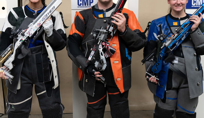 The top 3 precision junior athletes pose for a photo during the National CMP Precision Air Rifle Championship.